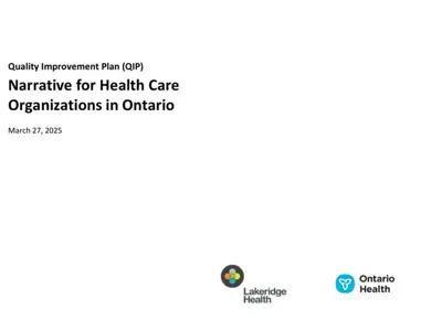 Cover of the 2025-2026 Quality Improvement Plan featuring a white background and text: "Quality Improvement Plan (QIP) Narrative for Health Care Organizations in Ontario March 27, 2025" with the Lakeridge Health and Ontario Health logos in the bottom right corner.