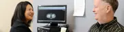 Physician Careers banner featuring two doctors discussing clinical image displayed on screen