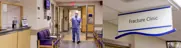 Hospital hallway with fracture clinic signboard and uniformed nurse walking